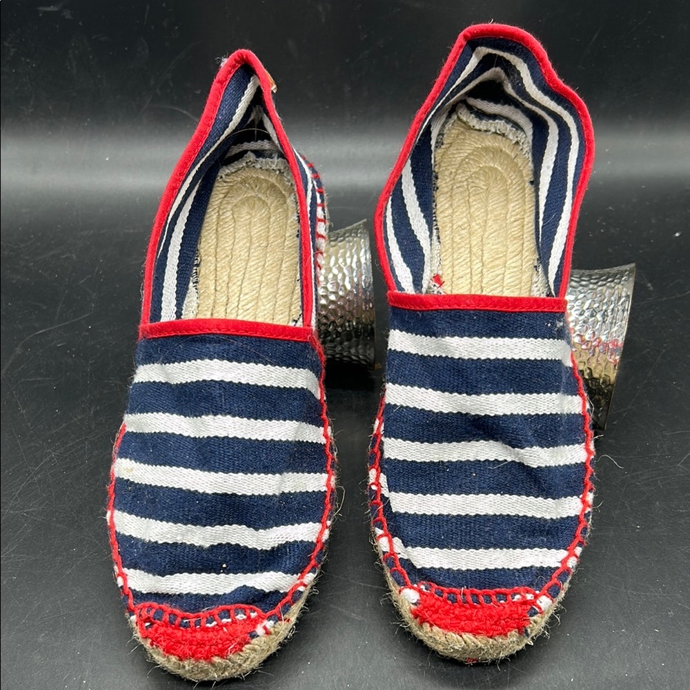 Striped Espadrille Flats with Red Trim